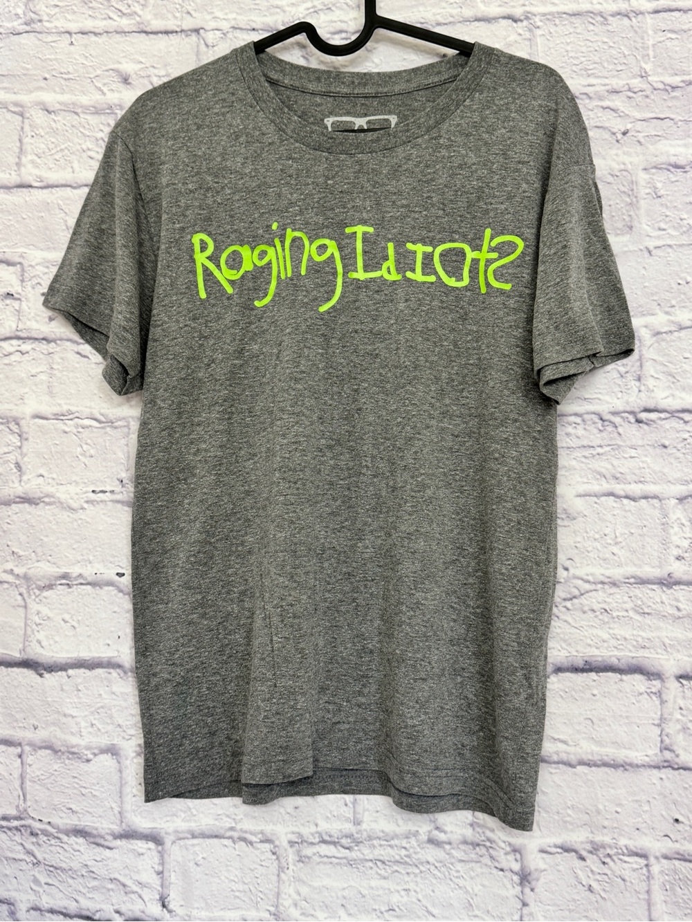 Gray Graphic Tee with Neon Green 'Raging Idiots' Script